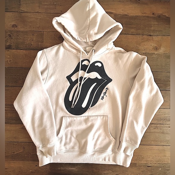 H&M Tops - H&M ROLLING STONES Cream and black logo hoodie w/kangaroo pockets Embroidered S